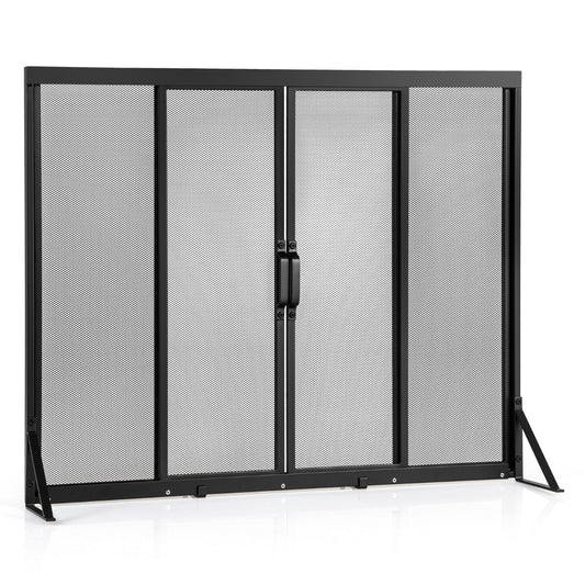 LIVSK Haardbescherming met Schuifdeuren - Hittebestendig Metaal - Driehoekig Steunframe - 96 x 79 cm - Zwart - Veilig en Stijlvol