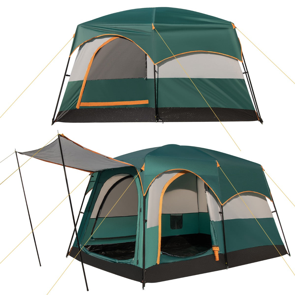 LIVSK Ruime 6-Persoons Kampeertent - 2 Kamers - Waterdicht PE-Bodemzeil - Gaasramen - 323 x 211 x 189 cm - Groen