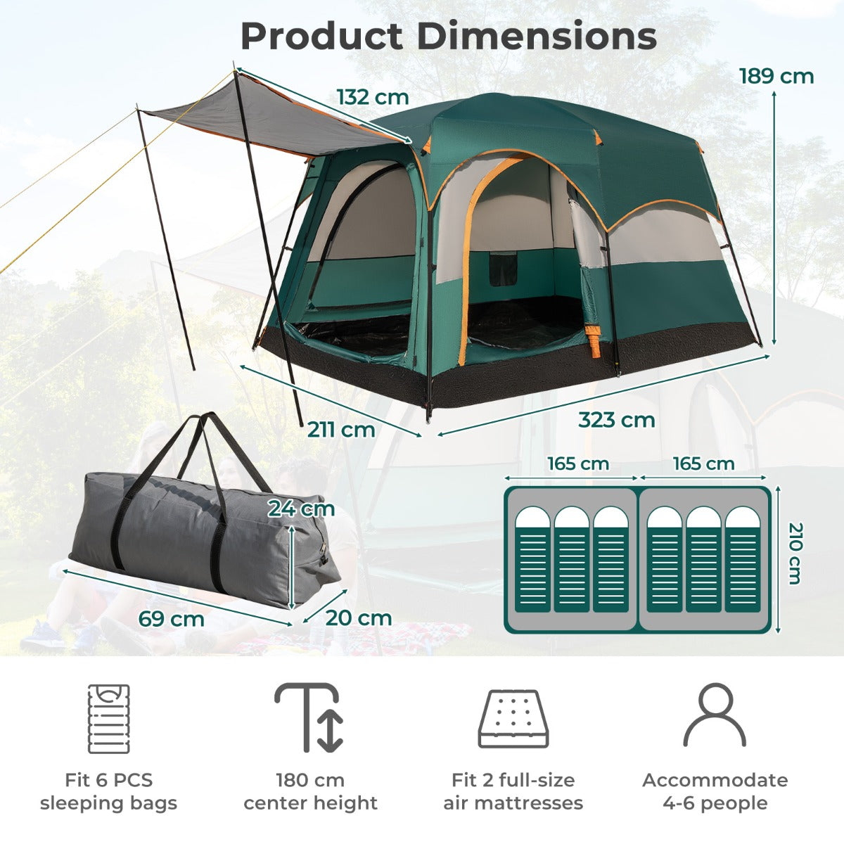 LIVSK Ruime 6-Persoons Kampeertent - 2 Kamers - Waterdicht PE-Bodemzeil - Gaasramen - 323 x 211 x 189 cm - Groen