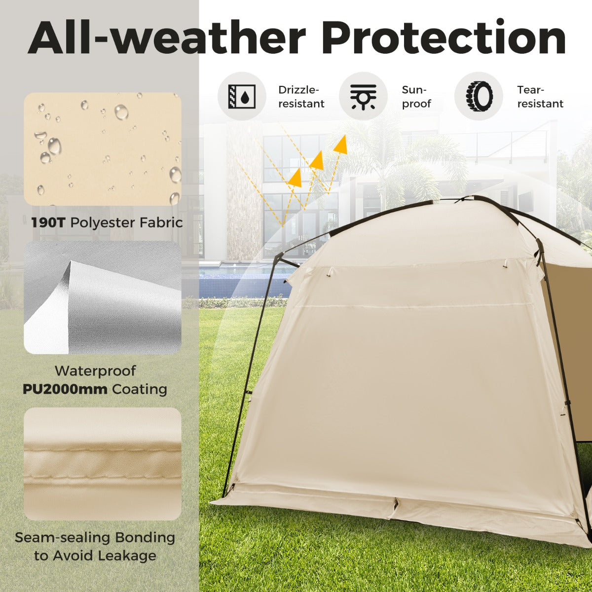 LIVSK Kampeertent voor 8-10 Personen - Waterdicht Polyester - Ventilatie met Gaaswanden - Draagbaar - 300 x 300 x 250 cm - Beige