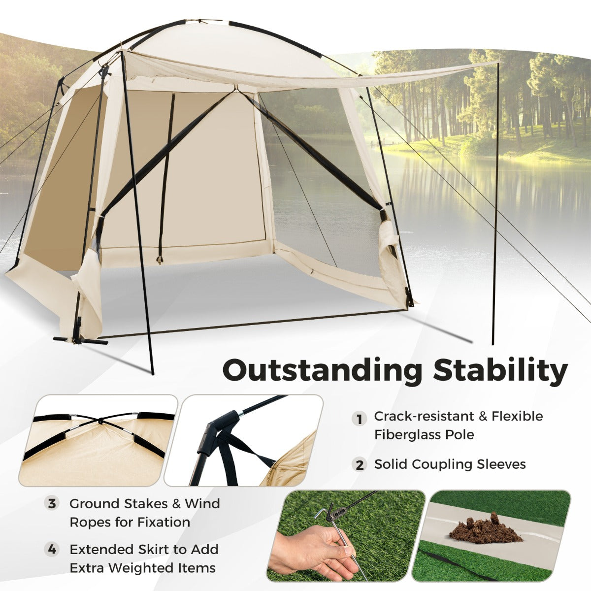 LIVSK Kampeertent voor 8-10 Personen - Waterdicht Polyester - Ventilatie met Gaaswanden - Draagbaar - 300 x 300 x 250 cm - Beige