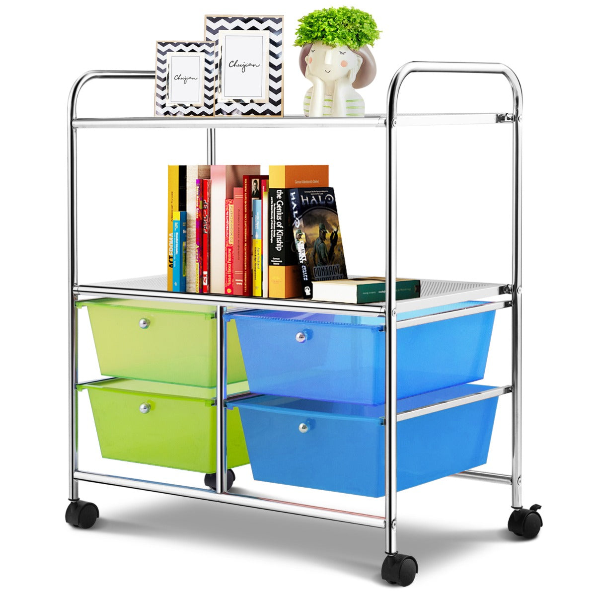 LIVSK Rollende Opbergwagen Trolley - 4 Lades en 2 Planken - Duurzaam Chroomstaal - Makkelijk Verplaatsbaar - 63,5 x 37 x 75 cm -