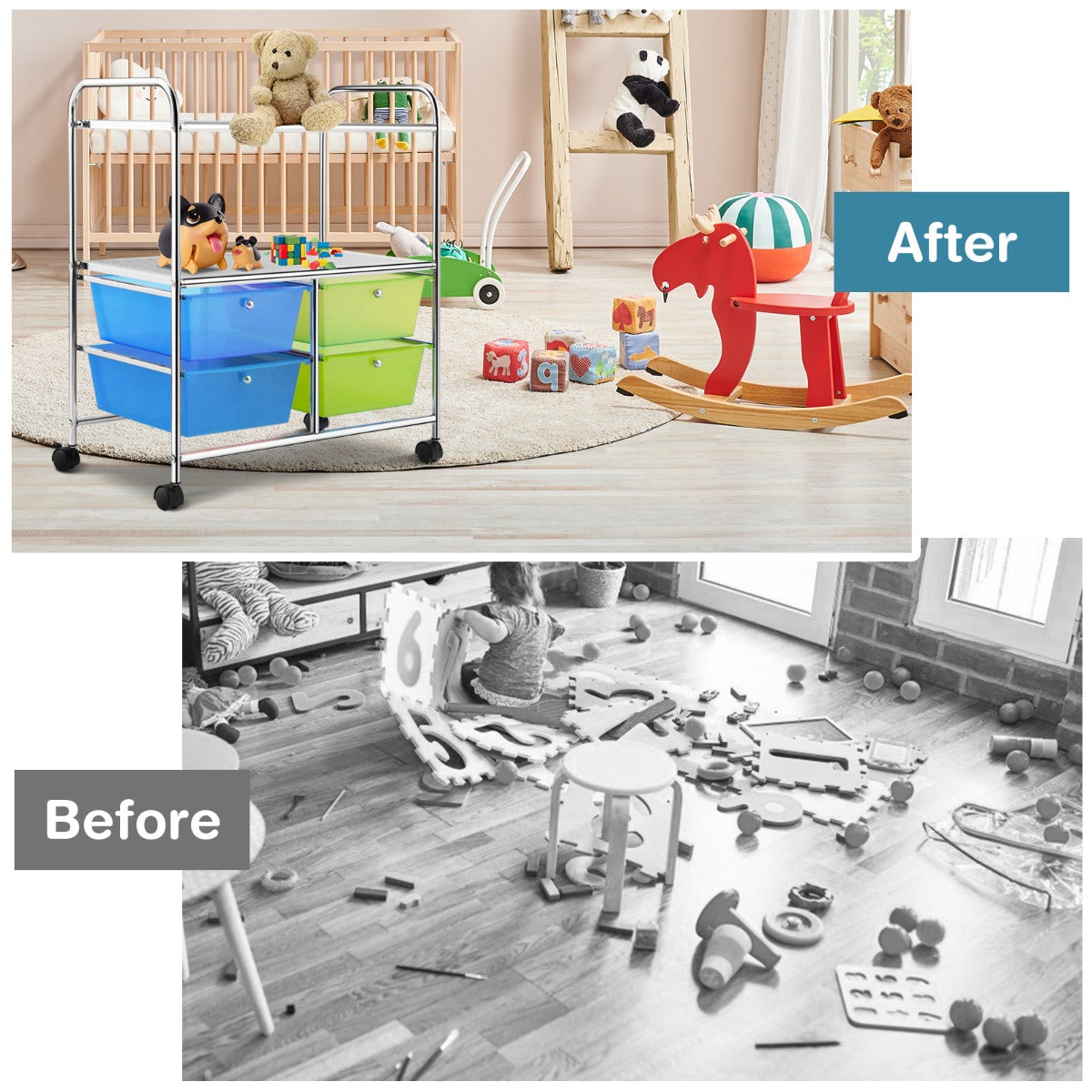 LIVSK Rollende Opbergwagen Trolley - 4 Lades en 2 Planken - Duurzaam Chroomstaal - Makkelijk Verplaatsbaar - 63,5 x 37 x 75 cm -