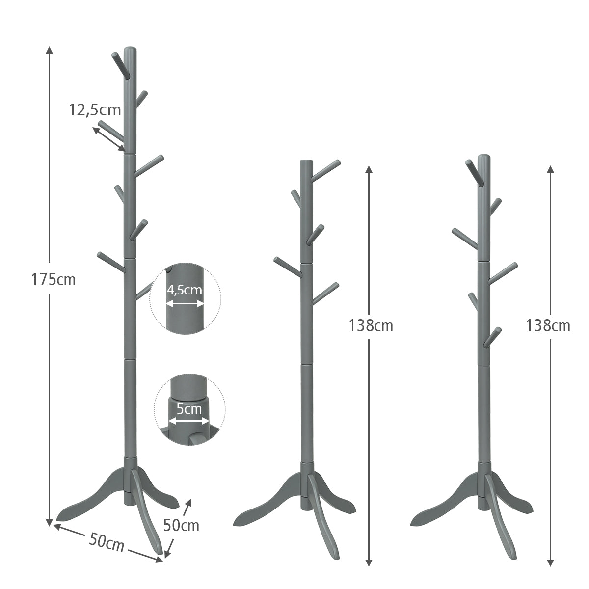 LIVSK Verstelbare Kapstok 175 cm - 8 Haken - Massief Rubberhout - Ruimtebesparend - Eenvoudige Montage - Grijs