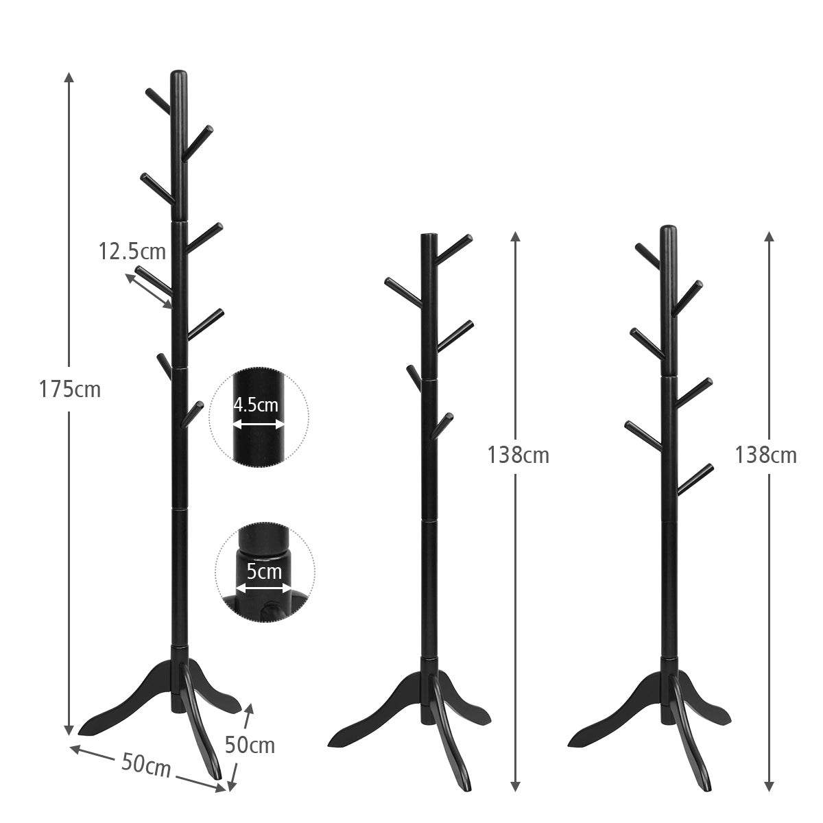 LIVSK Verstelbare Staande Kapstok 175 cm - 8 Haken tot 5 kg - Massief Rubberhout - Ruimtebesparend - Zwart