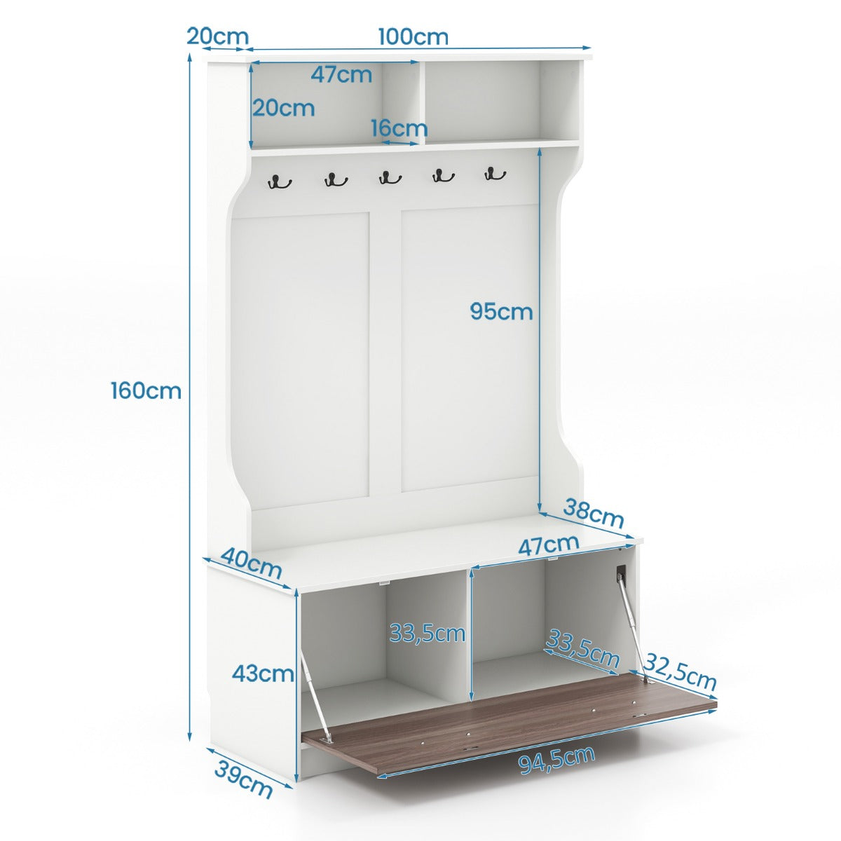 LIVSK Kapstok met Zitbank en Opbergruimte - Vijf Haken - Draagvermogen 90 kg - Antislip - Stabiliteit - Wit