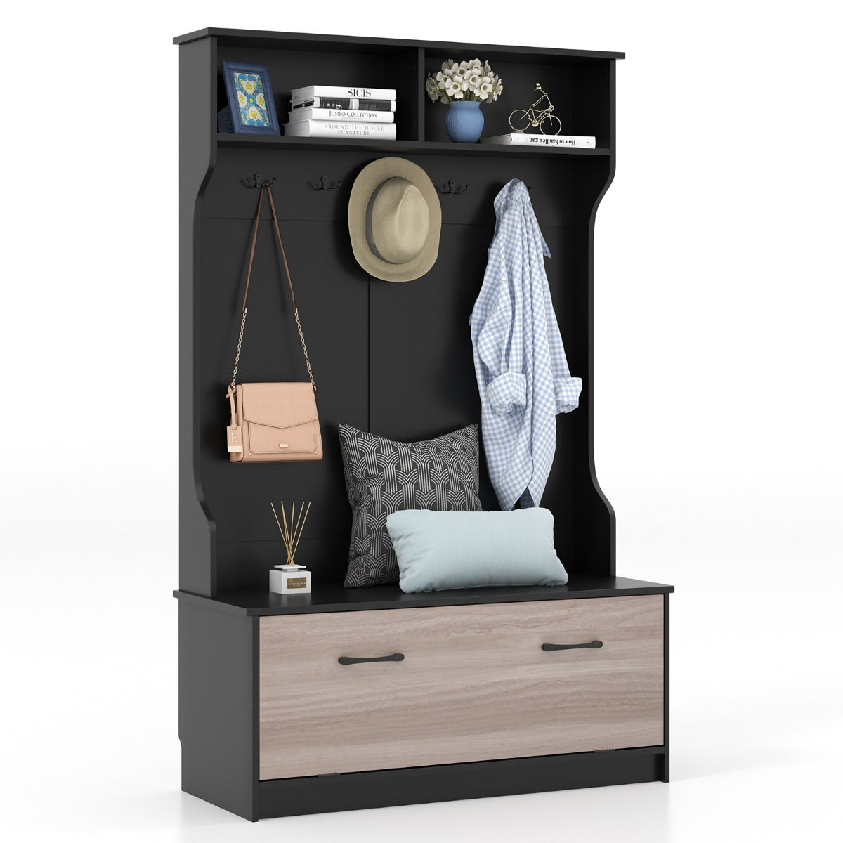 LIVSK Kapstok met Entreebank - 5 Dubbele Haken - 2 Open Planken - Sluitbare Kast - Draagvermogen 90 kg - Zwart