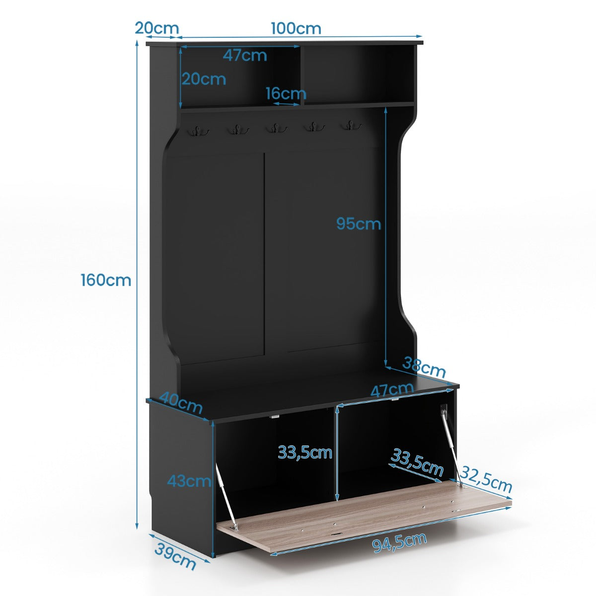 LIVSK Kapstok met Entreebank - 5 Dubbele Haken - 2 Open Planken - Sluitbare Kast - Draagvermogen 90 kg - Zwart