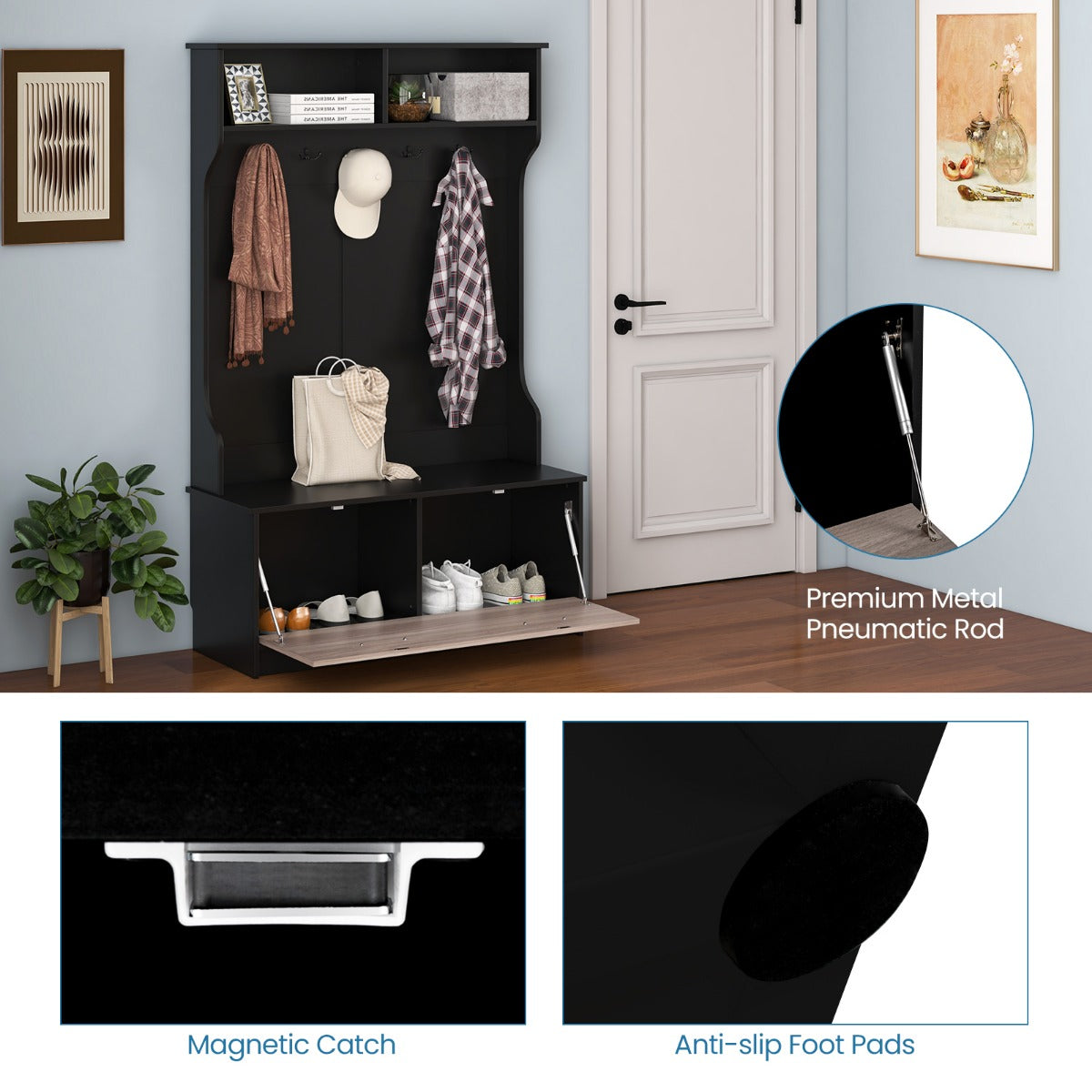 LIVSK Kapstok met Entreebank - 5 Dubbele Haken - 2 Open Planken - Sluitbare Kast - Draagvermogen 90 kg - Zwart