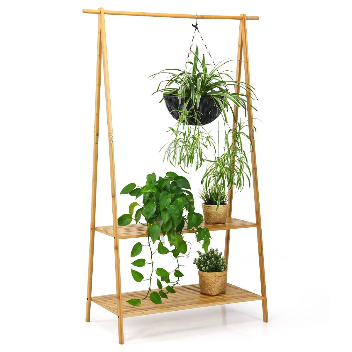 LIVSK Bamboe Kledingstandaard met Planken - Ruimtebesparend Ontwerp - Multifunctioneel - Tot 15 kg - Natuur