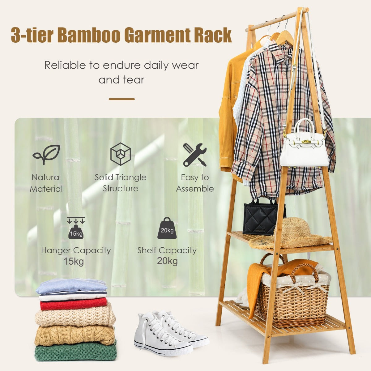 LIVSK Bamboe Kledingstandaard met Planken - Ruimtebesparend Ontwerp - Multifunctioneel - Tot 15 kg - Natuur