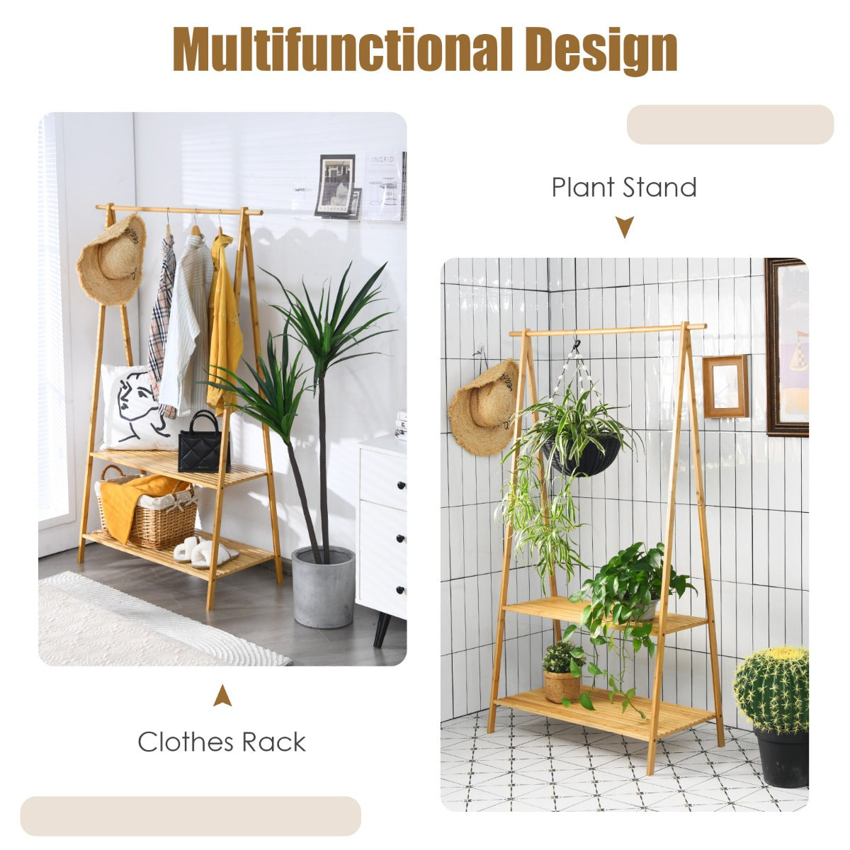 LIVSK Bamboe Kledingstandaard met Planken - Ruimtebesparend Ontwerp - Multifunctioneel - Tot 15 kg - Natuur