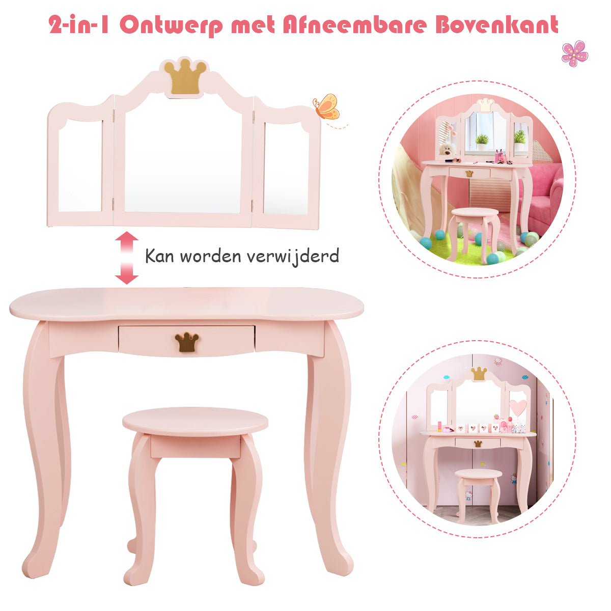 LIVSK Kaptafelset voor Kinderen - Inklapbare Spiegel - Ruime Lade - Stevig MDF en Grenenhout - 80 x 42 x 105 cm - Roze