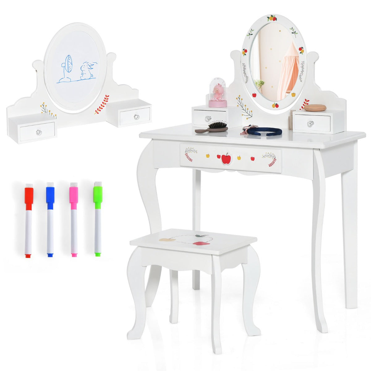 LIVSK Kinderkaptafelset met 360° Draaibare Spiegel - 3 Lades - Creatief Appeldesign - Veilig en Stabiel - Wit