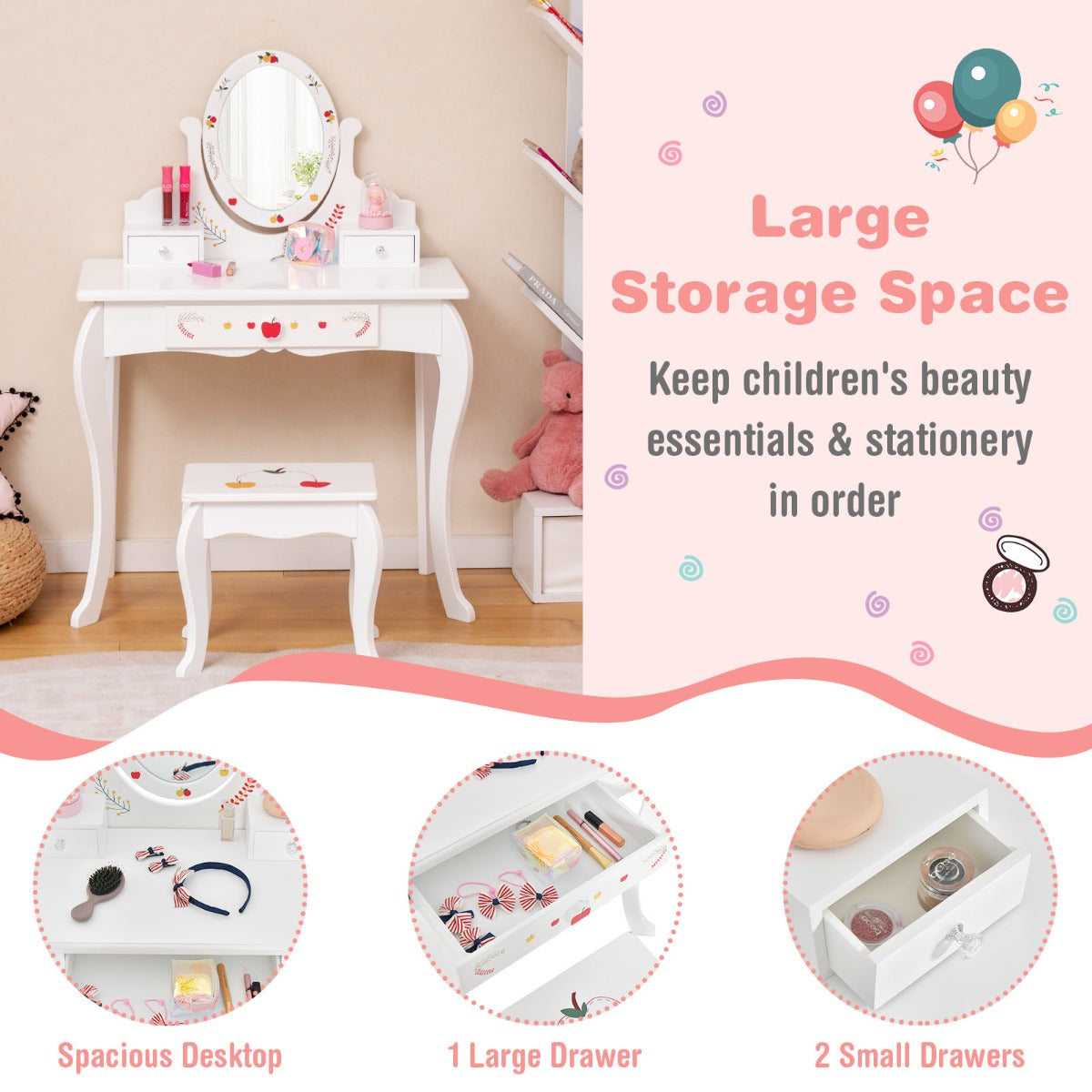 LIVSK Kinderkaptafelset met 360° Draaibare Spiegel - 3 Lades - Creatief Appeldesign - Veilig en Stabiel - Wit