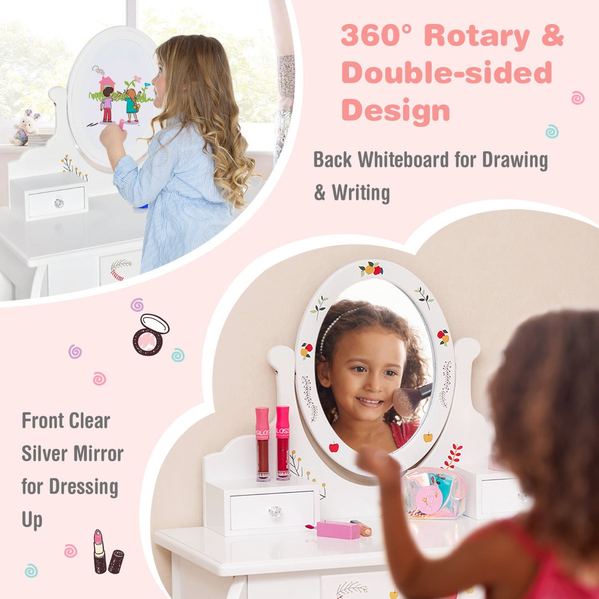 LIVSK Kinderkaptafelset met 360° Draaibare Spiegel - 3 Lades - Creatief Appeldesign - Veilig en Stabiel - Wit