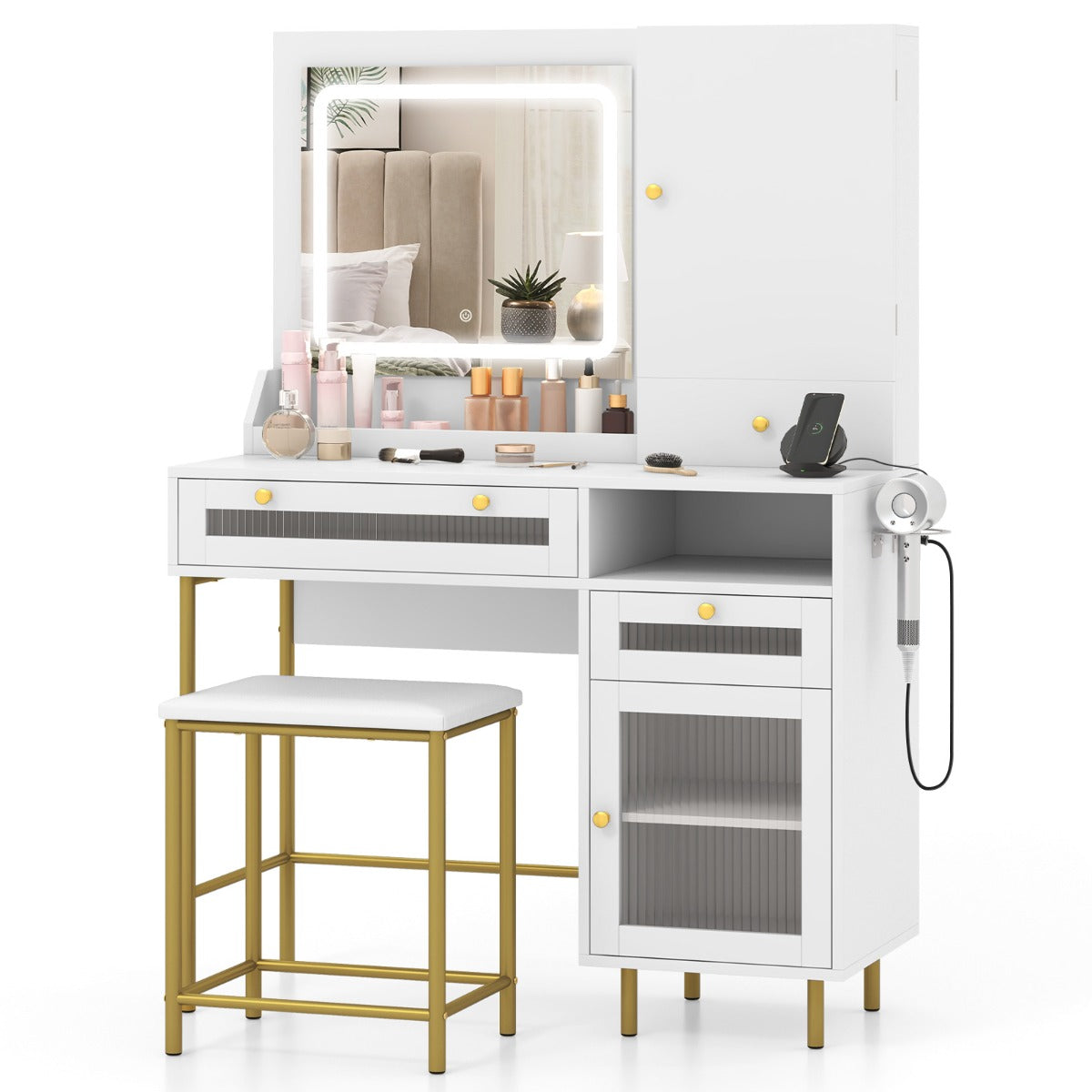 LIVSK Make-up Tafel Set met Oplaadstation - LED-Spiegel met 3 Kleuren - Grote Opbergruimte - Wit + Goud
