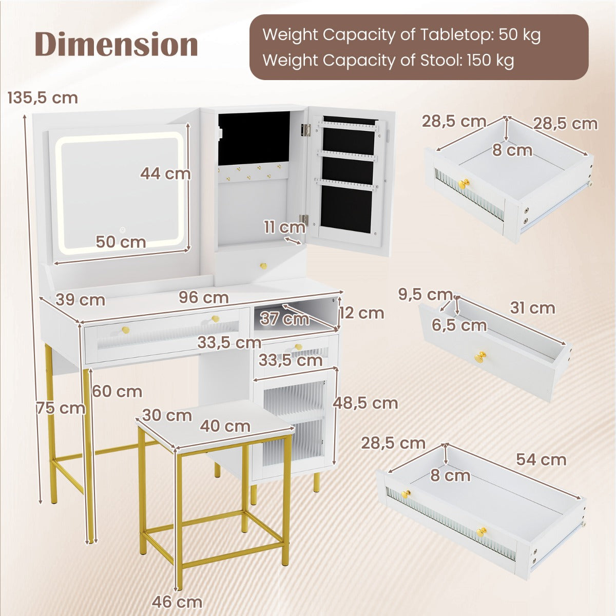 LIVSK Make-up Tafel Set met Oplaadstation - LED-Spiegel met 3 Kleuren - Grote Opbergruimte - Wit + Goud