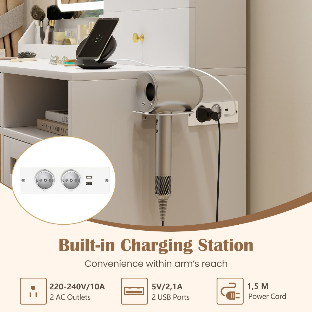LIVSK Make-up Tafel Set met Oplaadstation - LED-Spiegel met 3 Kleuren - Grote Opbergruimte - Wit + Goud