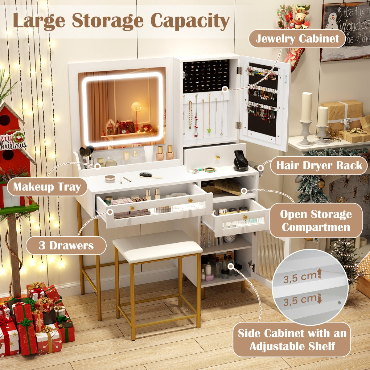 LIVSK Make-up Tafel Set met Oplaadstation - LED-Spiegel met 3 Kleuren - Grote Opbergruimte - Wit + Goud