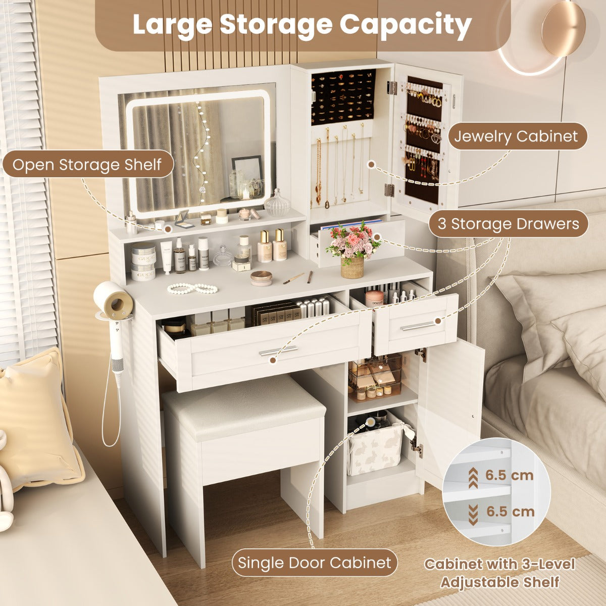 LIVSK Make-up Tafel Set met Oplaadstation - LED Spiegel met 3 Kleuropties - Grote Opbergruimte - Wit - 90 x 40 x 136,5 cm