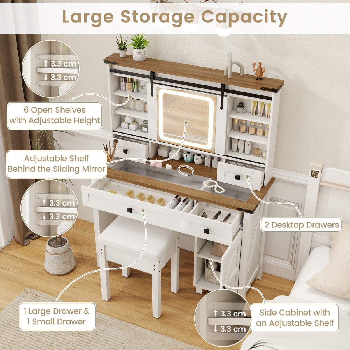 LIVSK Kaptafelset met Schuifspiegel en LED-verlichting - Grote Opbergcapaciteit - Glazen Blad - Wit + Rustiek Bruin