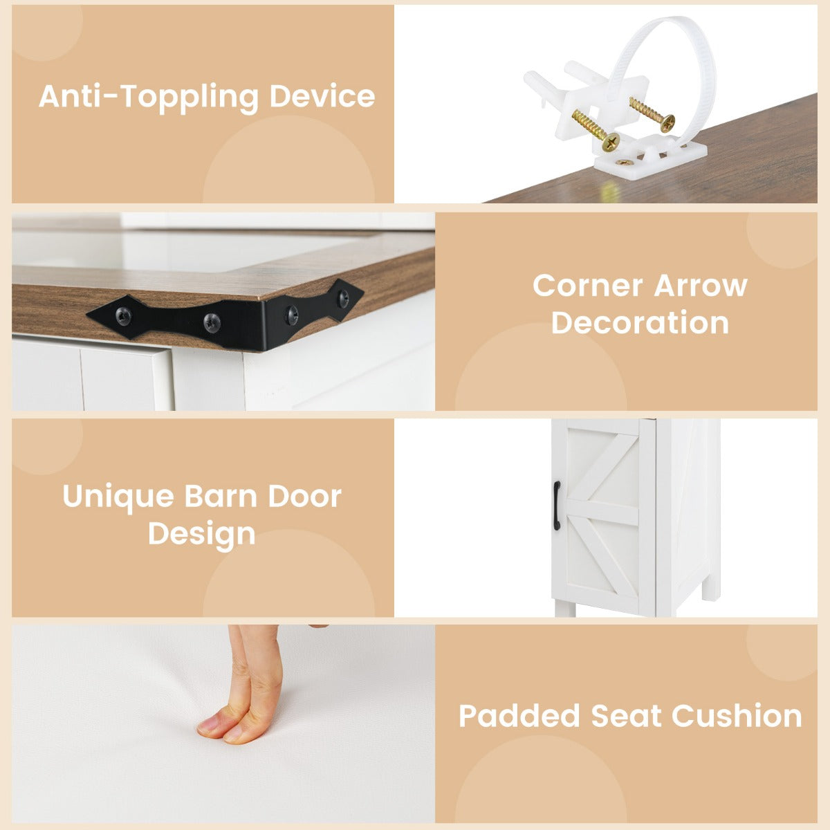 LIVSK Kaptafelset met Schuifspiegel en LED-verlichting - Grote Opbergcapaciteit - Glazen Blad - Wit + Rustiek Bruin