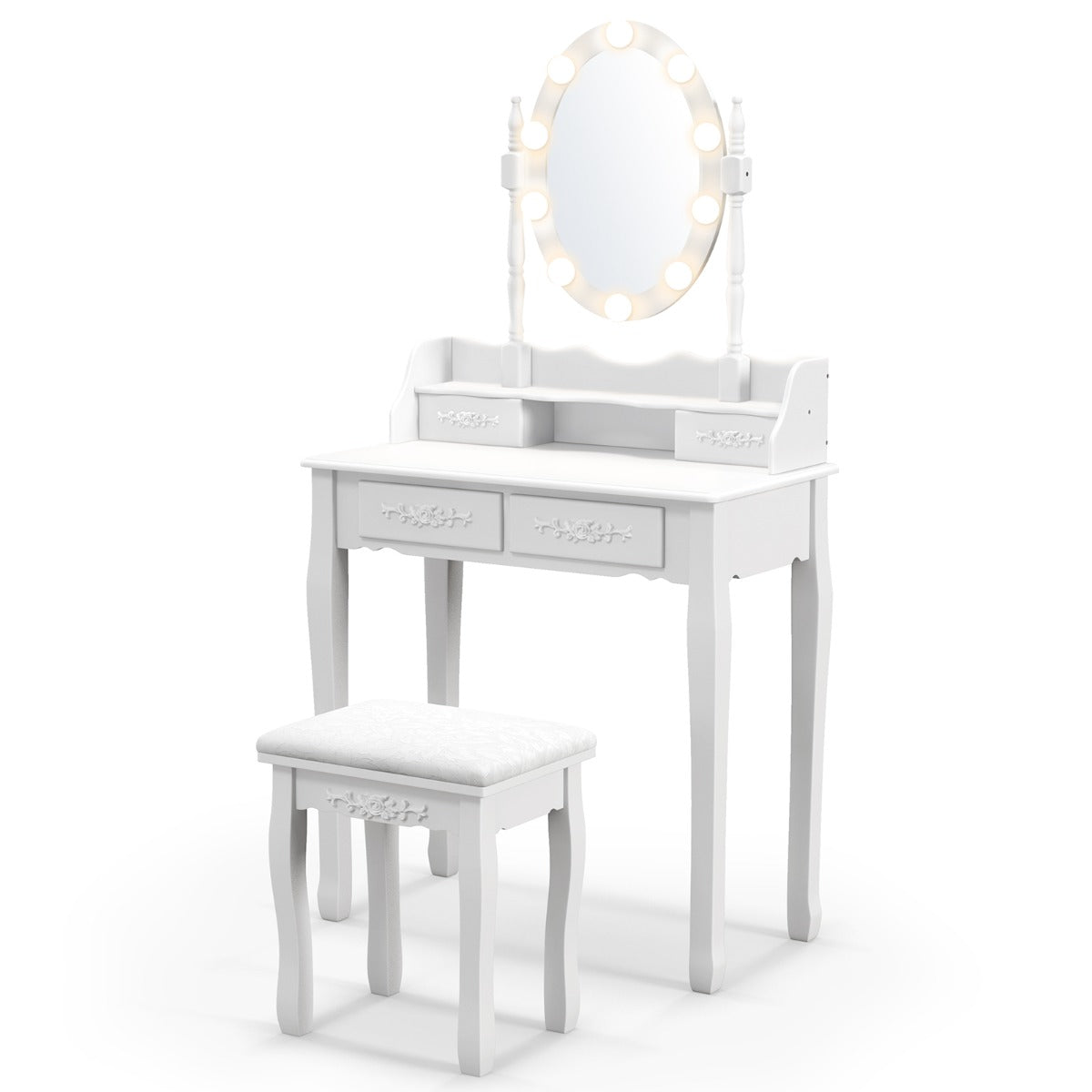 LIVSK Kaptafel met Ovale Spiegel en LED-verlichting - Verstelbare Helderheid - 4 Opberglades - Inclusief Kruk - Wit
