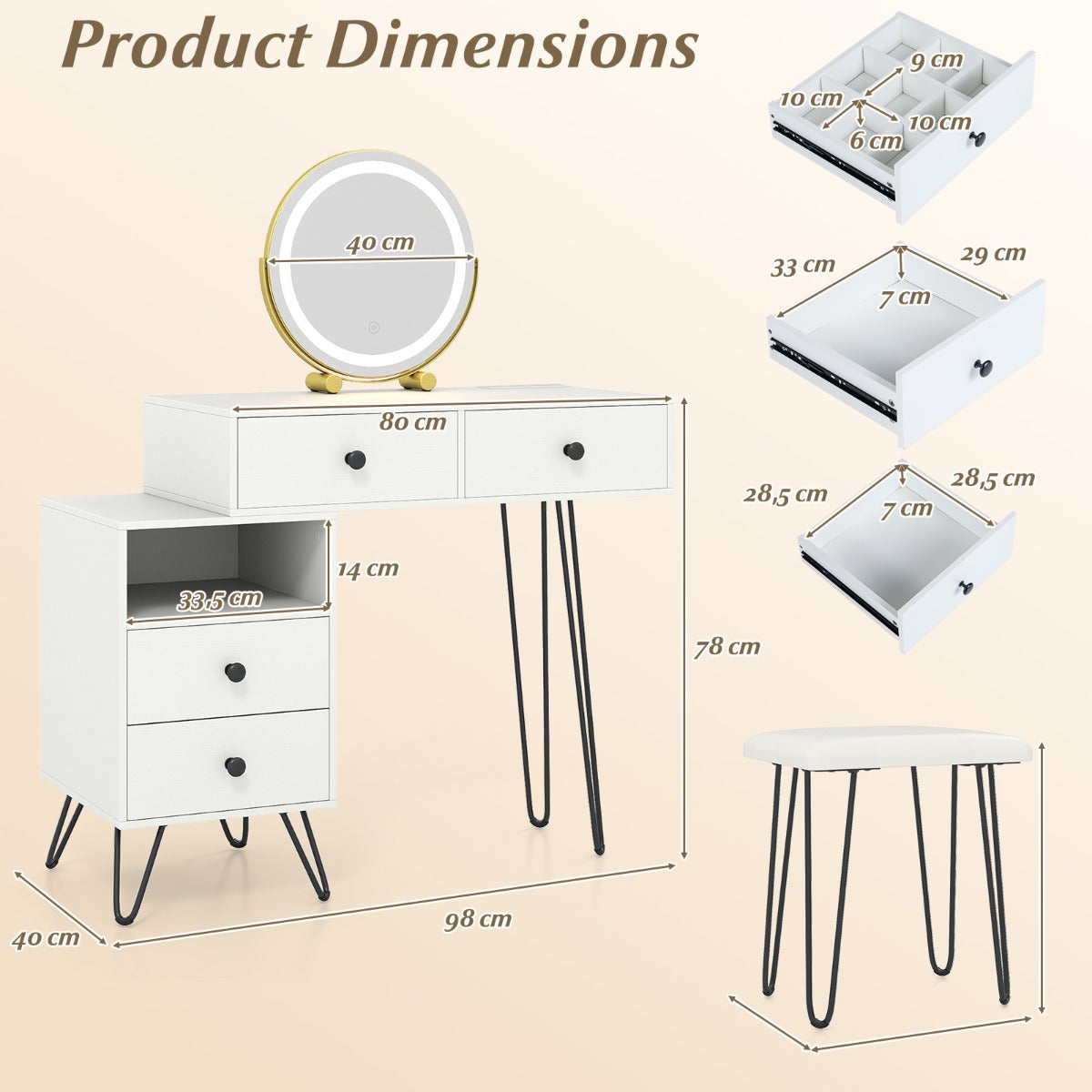 Livsk costway kaptafel met kruk en ledverlichting moderne kaptafel met oplaadstation 2