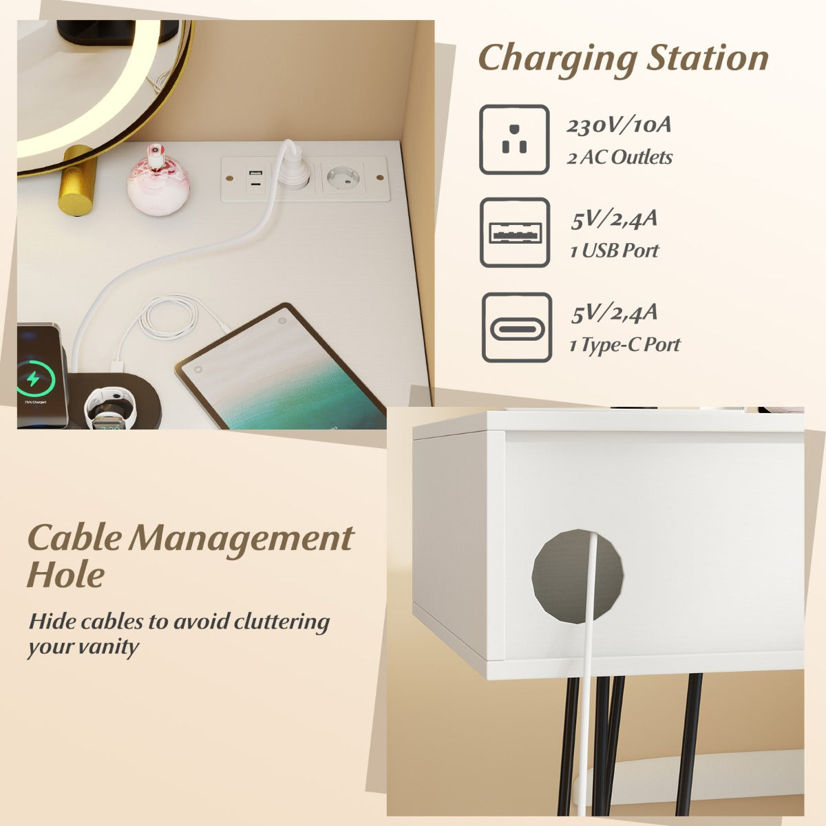 Livsk costway kaptafel met kruk en ledverlichting moderne kaptafel met oplaadstation 4