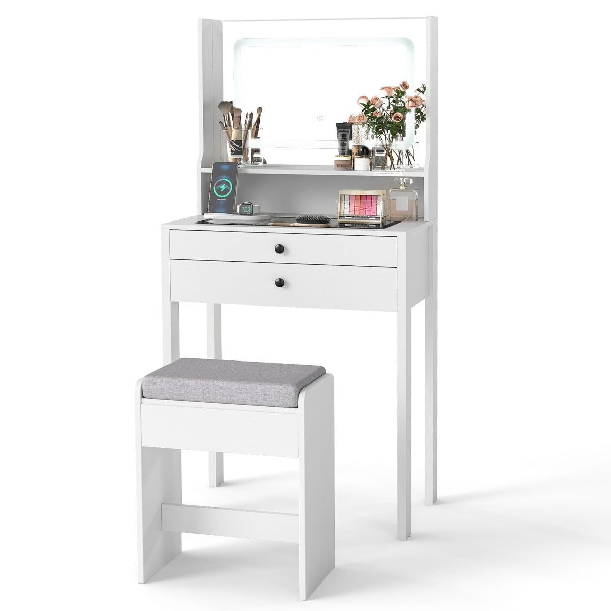 Livsk costway kaptafel met kruk led verlichte spiegel en ladekast met twee lades wit