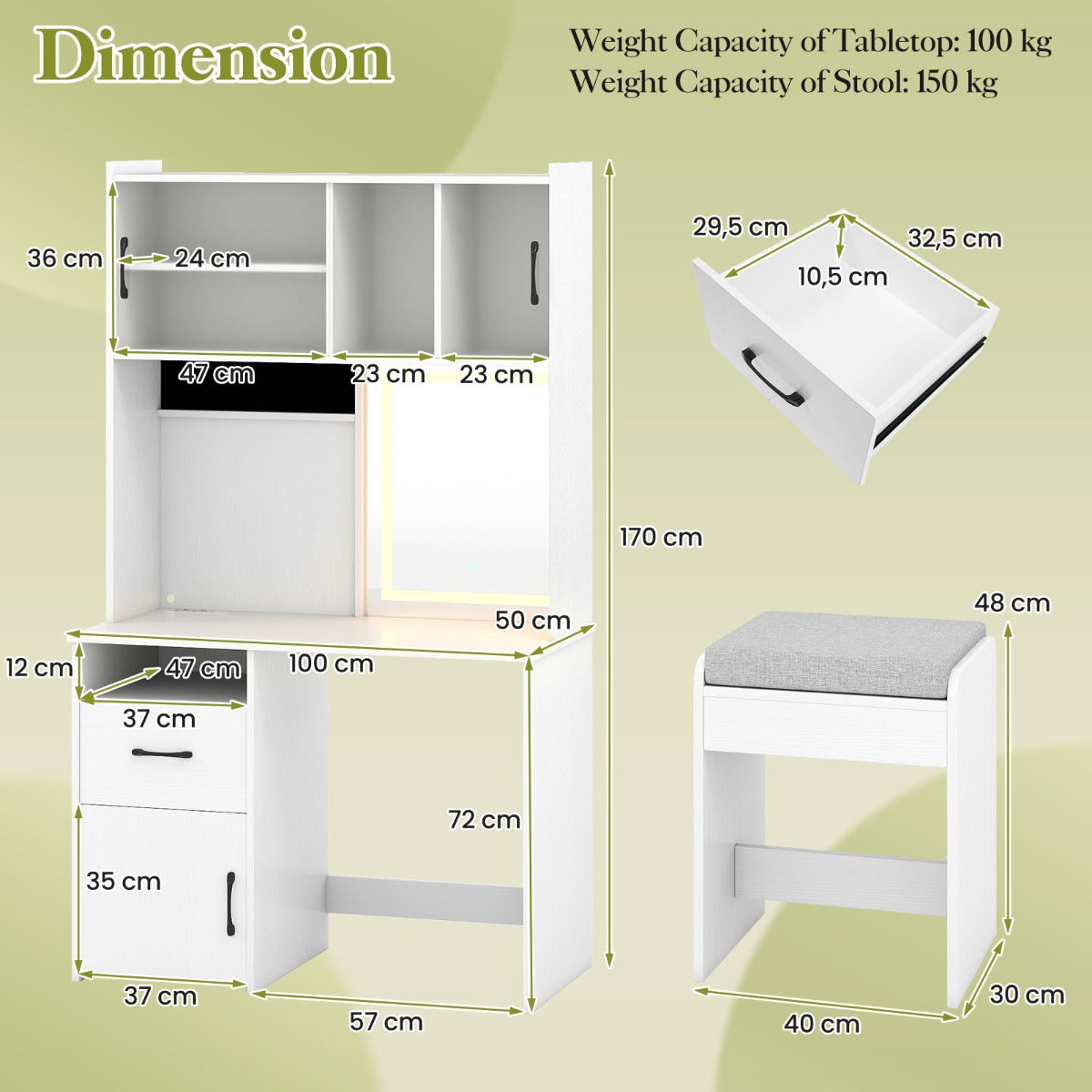 Livsk costway kaptafel met led verlichte spiegel en stopcontact met drie kleurmogelijkheden en instelbare helderheid wit 1 1