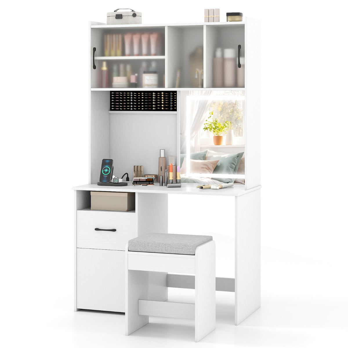 Livsk costway kaptafel met led verlichte spiegel en stopcontact met drie kleurmogelijkheden en instelbare helderheid wit