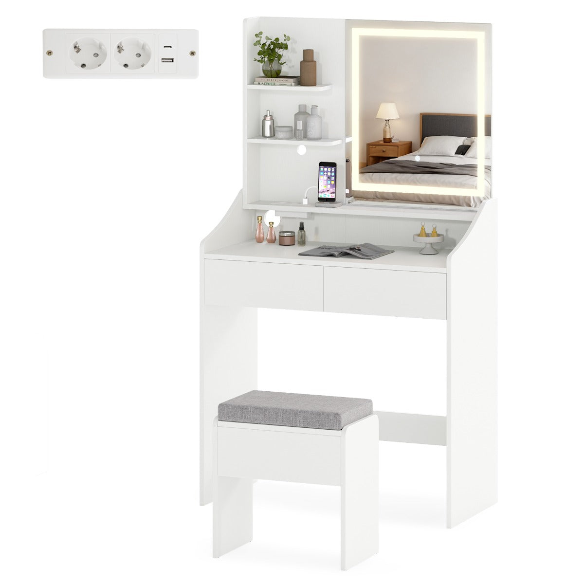 Livsk costway kaptafel met spiegel en driekleurige led verlichting
