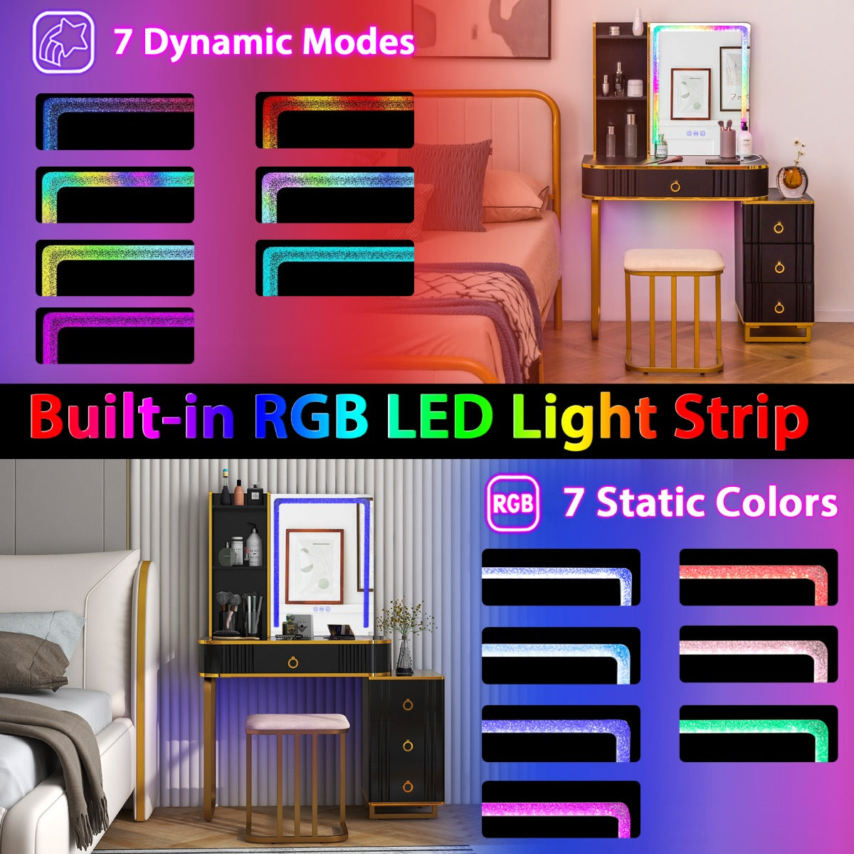LIVSK Kaptafelset met RGB LED-verlichting - Afstandsbediening - Veel opbergruimte - Inclusief comfortabele kruk - Zwart
