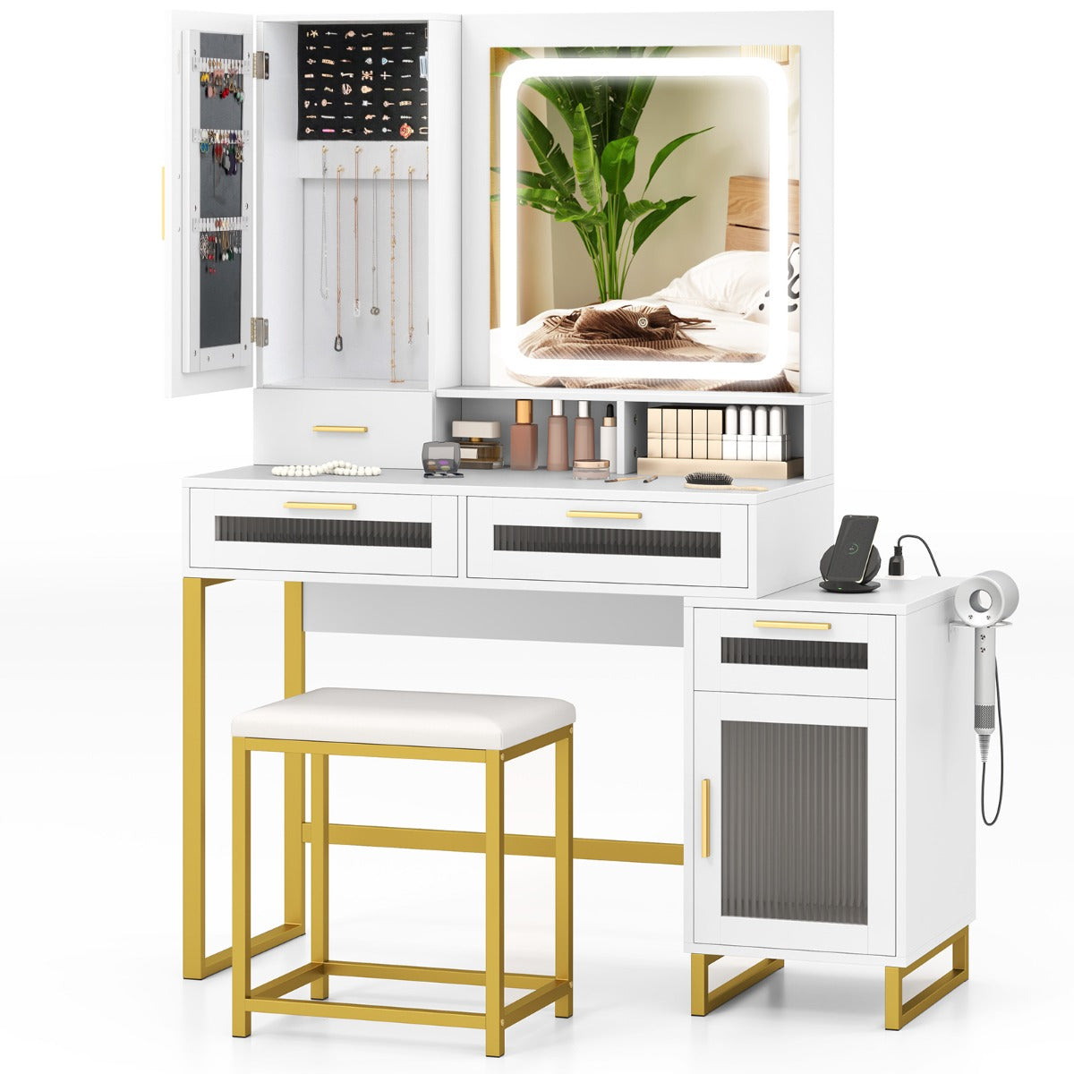 LIVSK Kaptafel met Oplaadstation - HD LED Spiegel met 3 Kleuren - Sieradenkast - Ruime Opbergruimte - Wit + Goud
