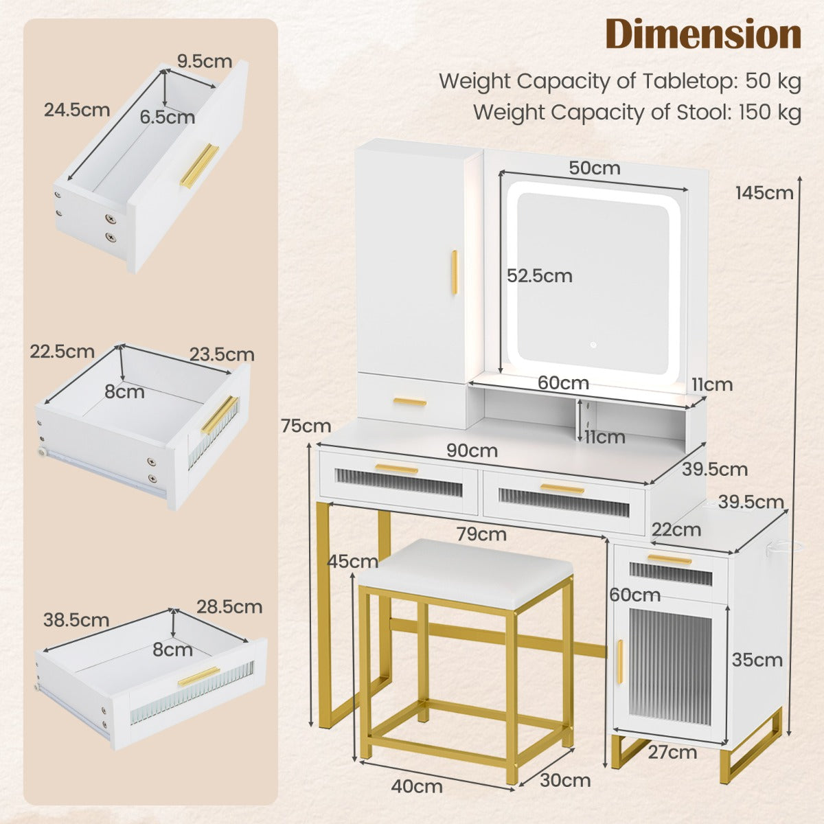 LIVSK Kaptafel met Oplaadstation - HD LED Spiegel met 3 Kleuren - Sieradenkast - Ruime Opbergruimte - Wit + Goud