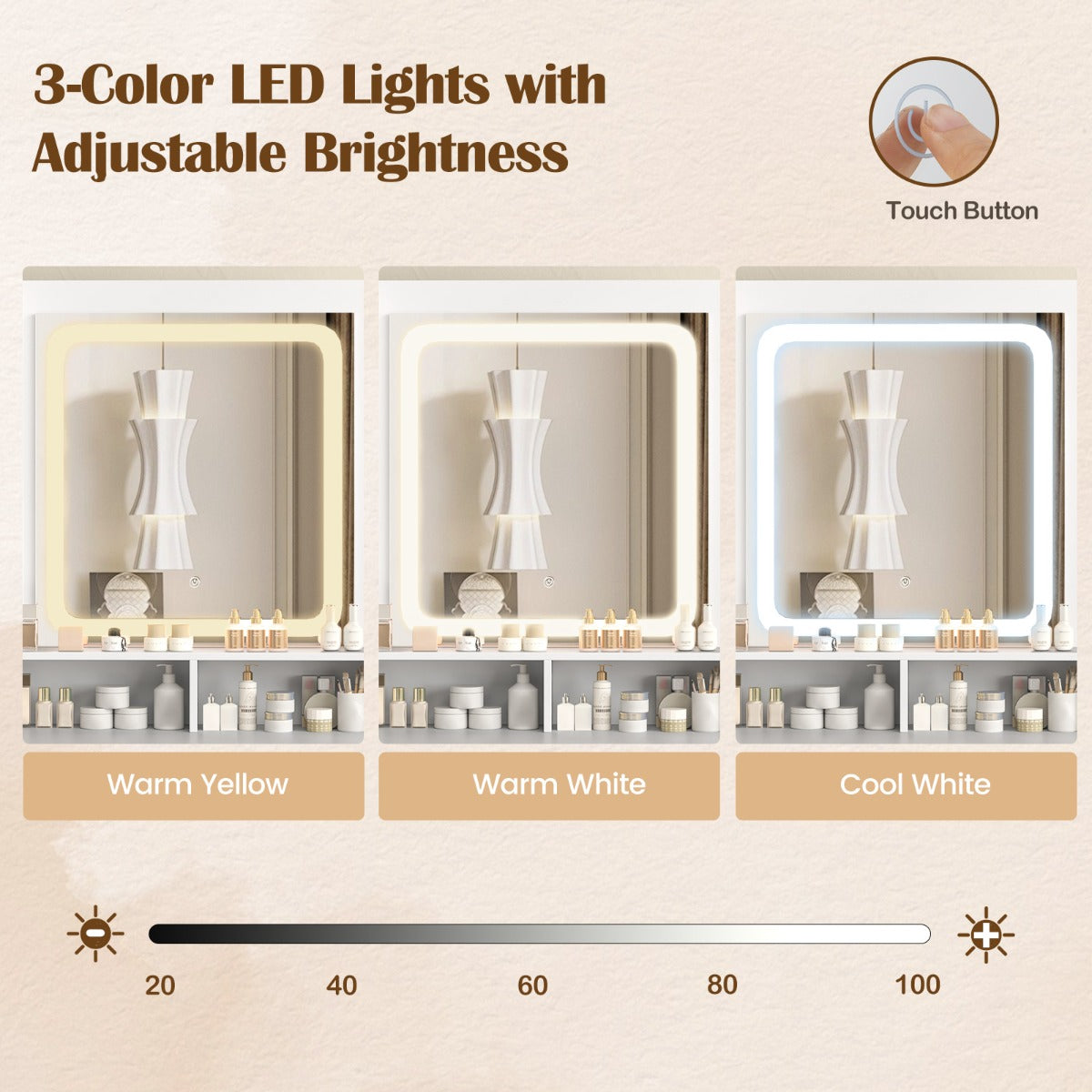 LIVSK Kaptafel met Oplaadstation - HD LED Spiegel met 3 Kleuren - Sieradenkast - Ruime Opbergruimte - Wit + Goud
