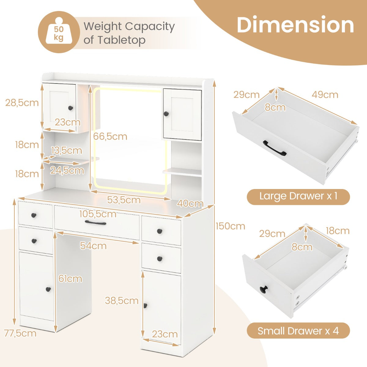 LIVSK Kaptafel met Oplaadstation - HD LED Spiegel met 3 Kleuropties - Ruime Opbergruimte - Stevig Ontwerp - Wit