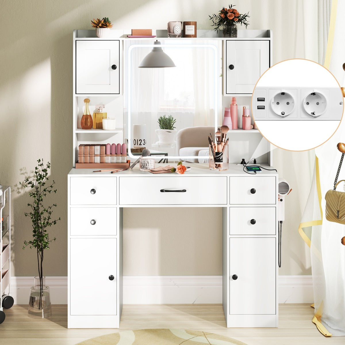 LIVSK Kaptafel met Oplaadstation - HD LED Spiegel met 3 Kleuropties - Ruime Opbergruimte - Stevig Ontwerp - Wit