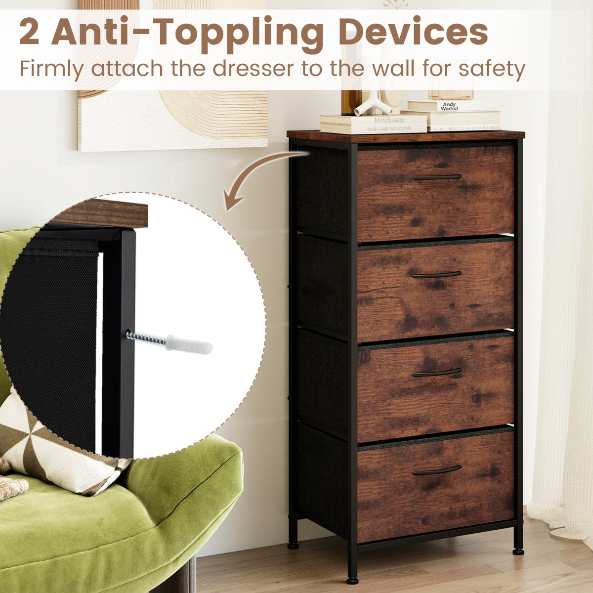 Livsk costway kaptafel met vier met stof beklede lades houten opbergkast met metalen frame 5
