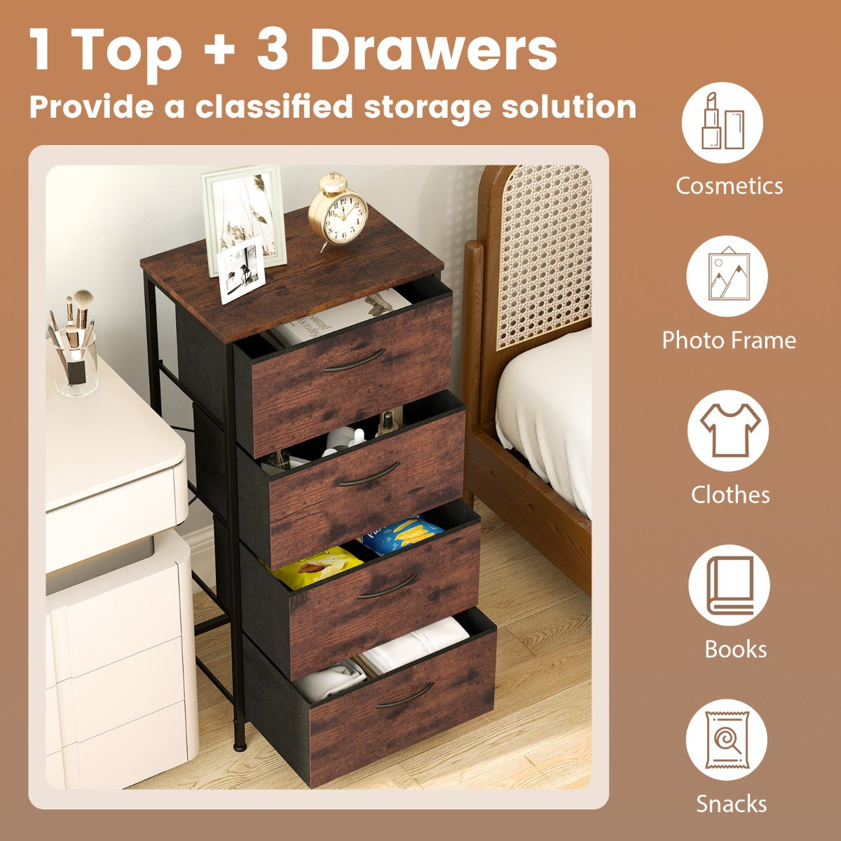 Livsk costway kaptafel met vier met stof beklede lades houten opbergkast met metalen frame 6 1