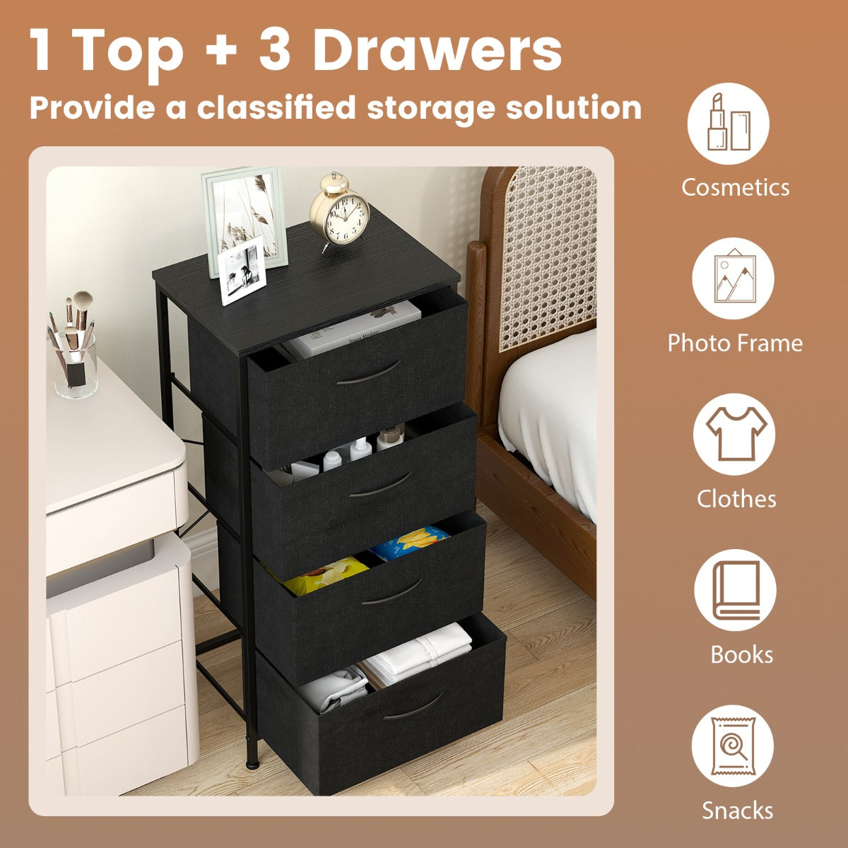 Livsk costway kaptafel met vier met stof beklede lades houten opbergkast met metalen frame zwart 2 2