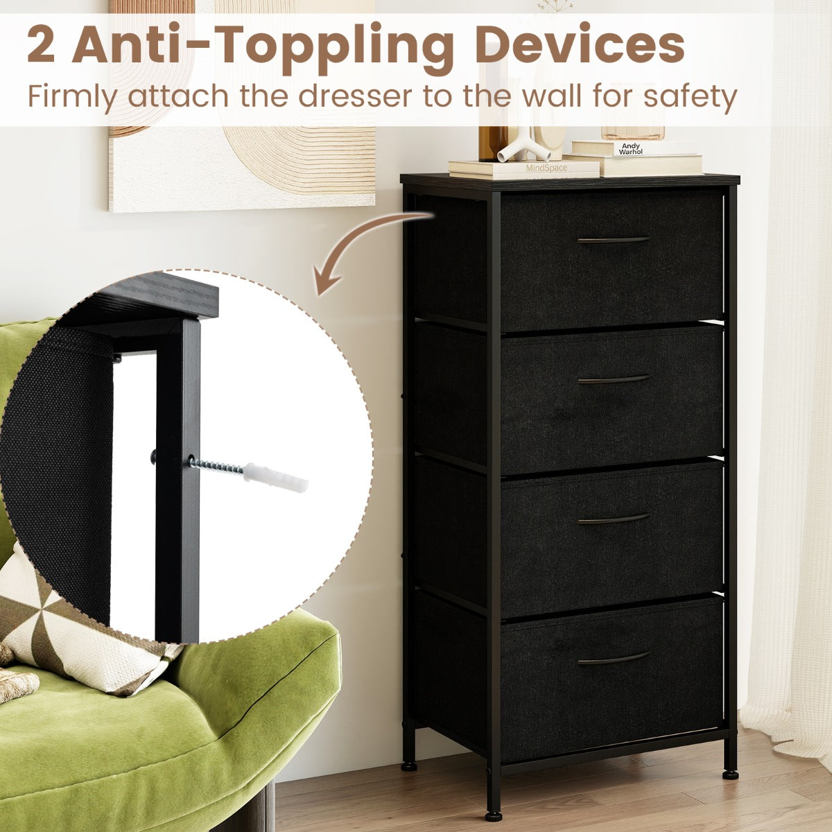 Livsk costway kaptafel met vier met stof beklede lades houten opbergkast met metalen frame zwart 4 2