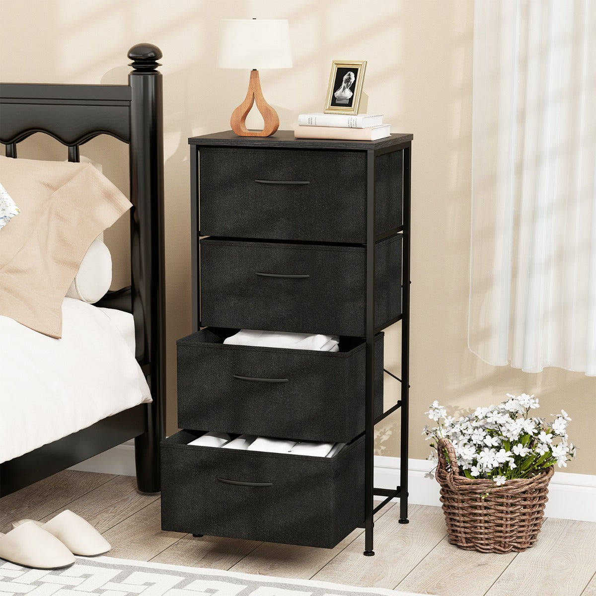 Livsk costway kaptafel met vier met stof beklede lades houten opbergkast met metalen frame zwart 6 2