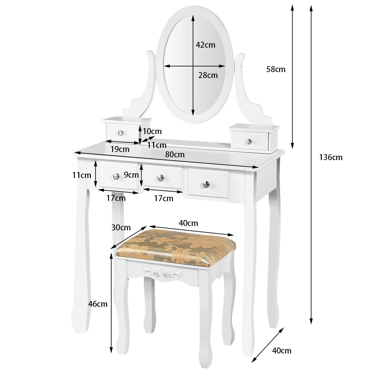 LIVSK Multifunctionele Kaptafel Set - 360° Draaibare Spiegel - 5 Lades - Stijlvolle Make-Uptafel - 80 x 40 x 136 cm - Wit