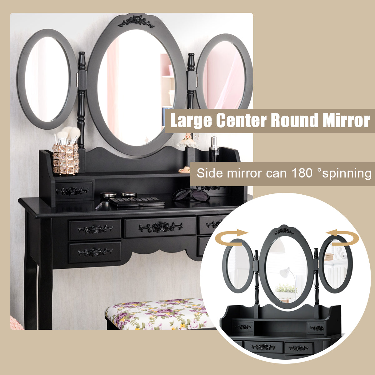 LIVSK Kaptafel Set - Elegante Spiegels - Make-up Tafel - Kussen - 7 Lades - Zwart