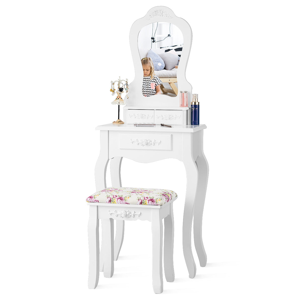 LIVSK Kaptafel Set - Waaiervormige Spiegel - 3 Lades - Afneembaar Bovendeel - Inclusief Krukje - 50 x 30 x 136 cm - Wit