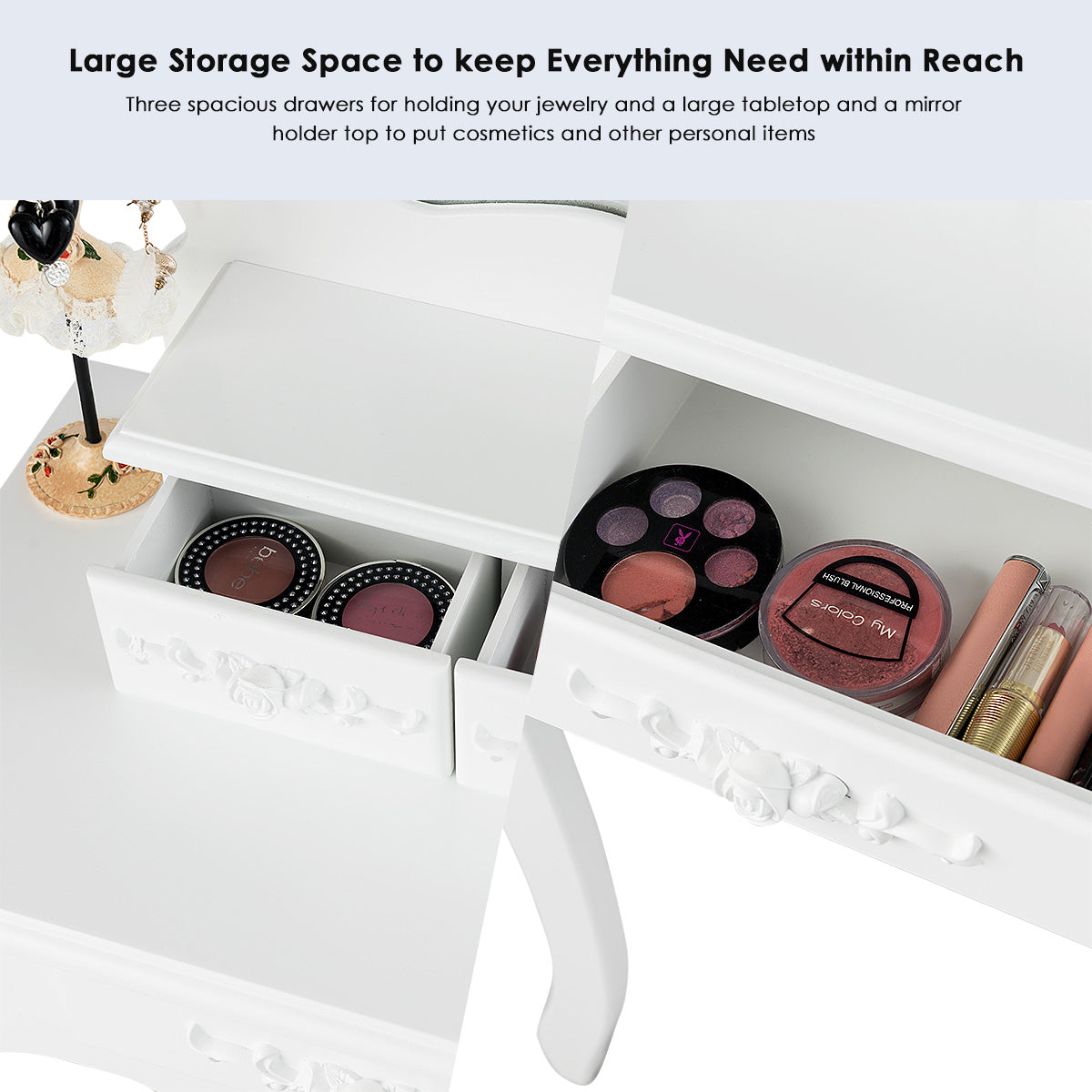 LIVSK Kaptafel Set - Waaiervormige Spiegel - 3 Lades - Afneembaar Bovendeel - Inclusief Krukje - 50 x 30 x 136 cm - Wit