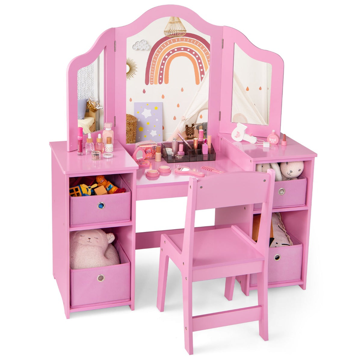 LIVSK Kinderkaptafel en Schrijftafel - 2-in-1 met 3 Afneembare Spiegels - Ergonomische Stoel - Opbergruimte - Roze/Wit